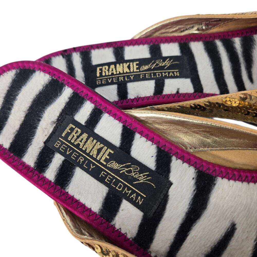 Beverly Feldman Frankie and Baby VTG Sequin Flats Mules Gold Slides Size 11B - Picture 2 of 10